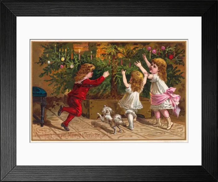 Framed Print : Three children and dog on a Christmas card Framed Print : Three children and dog on a Christmas card