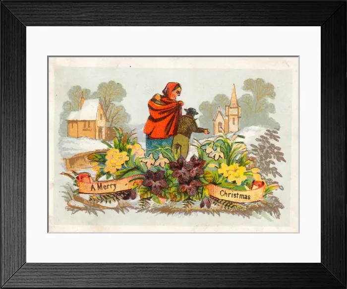 Framed Print : Woman and children with flowers on a Christmas card Framed Print : Woman and children with flowers on a Christmas card