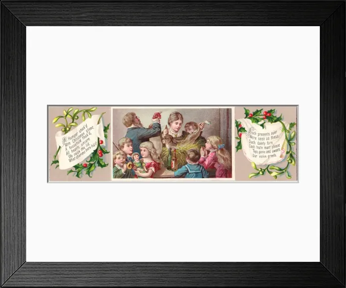 Framed Print : Family opening hamper on a Christmas card Framed Print : Family opening hamper on a Christmas card