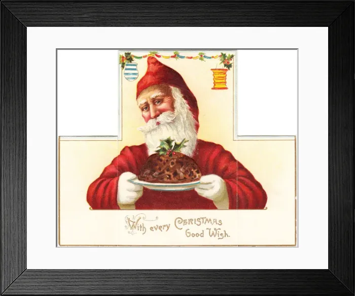 Framed Print : Father Christmas carrying pudding on a Christmas card Framed Print : Father Christmas carrying pudding on a Christmas card