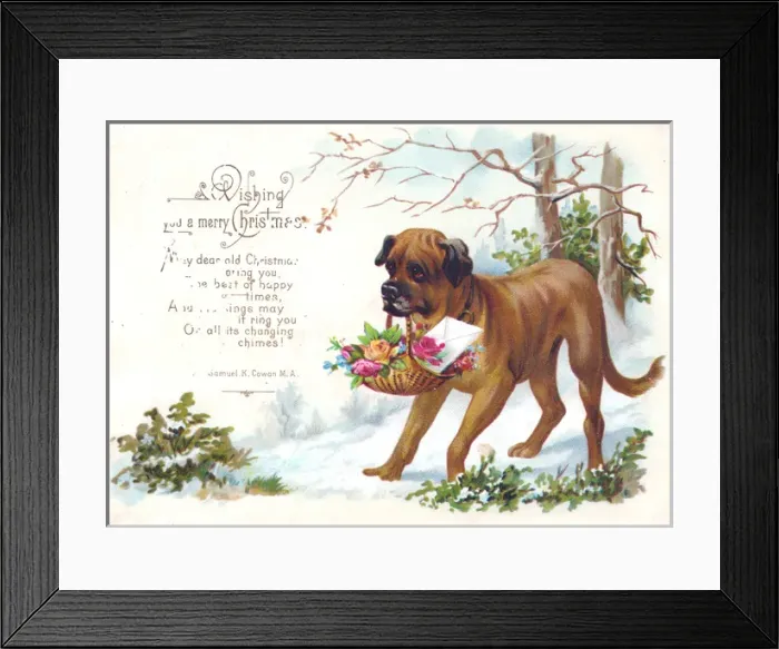 Framed Print : Dog carrying basket of flowers on a Christmas card Framed Print : Dog carrying basket of flowers on a Christmas card