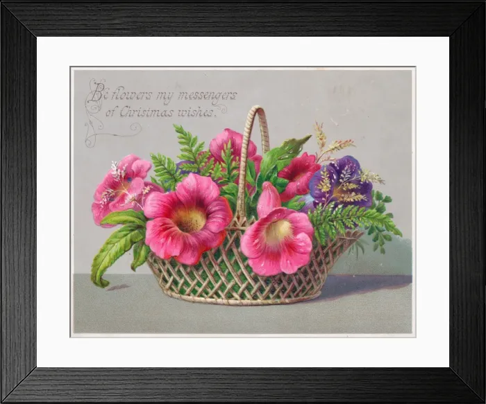 Framed Print : Basket of flowers on a Christmas card