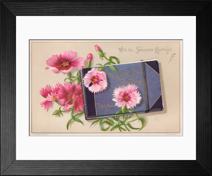 Framed Print : Pink flowers and sketch book on a Christmas card Framed Print : Pink flowers and sketch book on a Christmas card