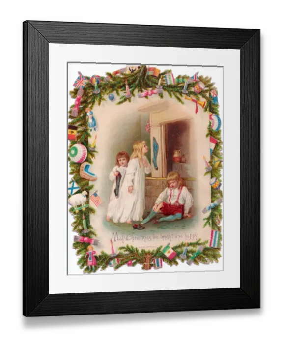 Framed Print : Three children and stockings on a Christmas card Framed Print : Three children and stockings on a Christmas card
