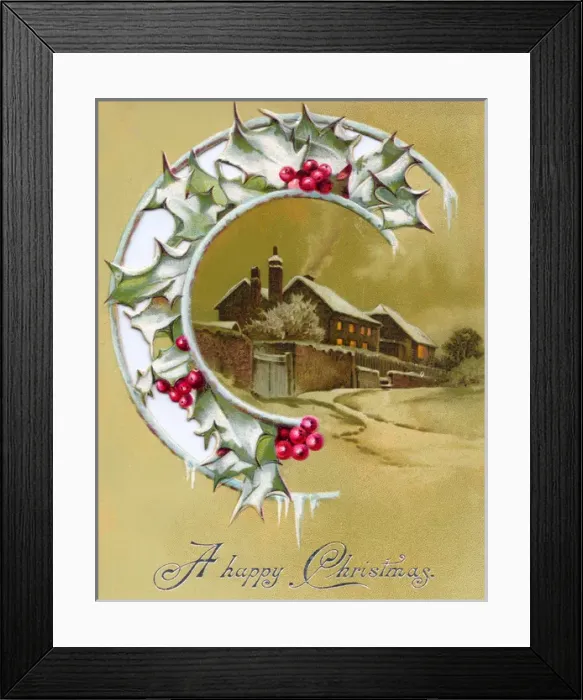 Framed Print : Cottage in the snow with holly on a Christmas card Framed Print : Cottage in the snow with holly on a Christmas card