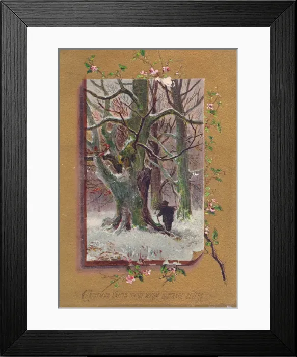 Framed Print : Man carrying firewood on a Christmas card Framed Print : Man carrying firewood on a Christmas card