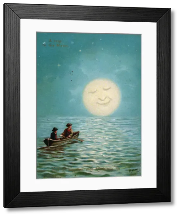 Framed Print : Two boys boating by moonlight on a Christmas card Framed Print : Two boys boating by moonlight on a Christmas card