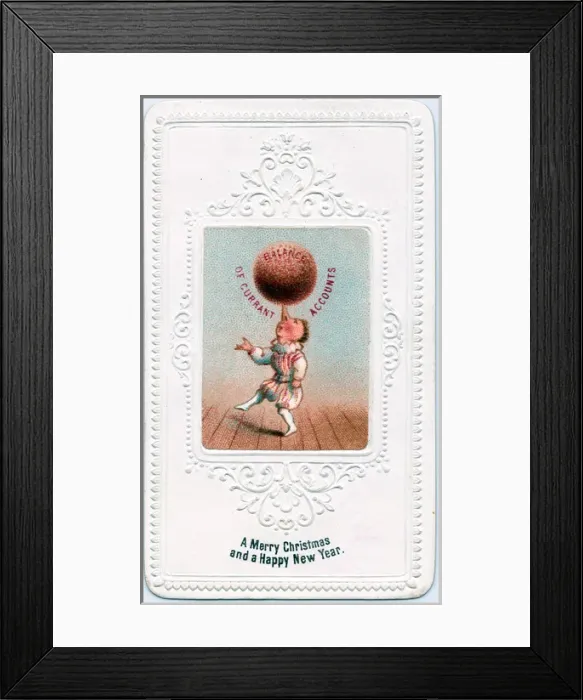 Framed Print : Acrobat balancing pudding on nose on a Christmas card Framed Print : Acrobat balancing pudding on nose on a Christmas card