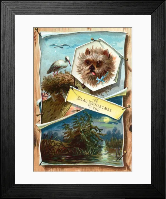 Framed Print : Dog, stork on nest and moonlight scene on a Christmas card Framed Print : Dog, stork on nest and moonlight scene on a Christmas card