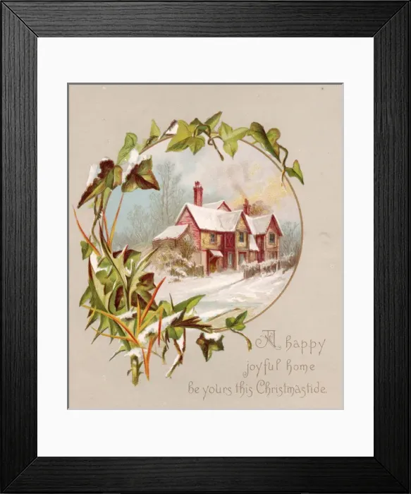 Framed Print : Snow scene with ivy leaves on a Christmas card Framed Print : Snow scene with ivy leaves on a Christmas card