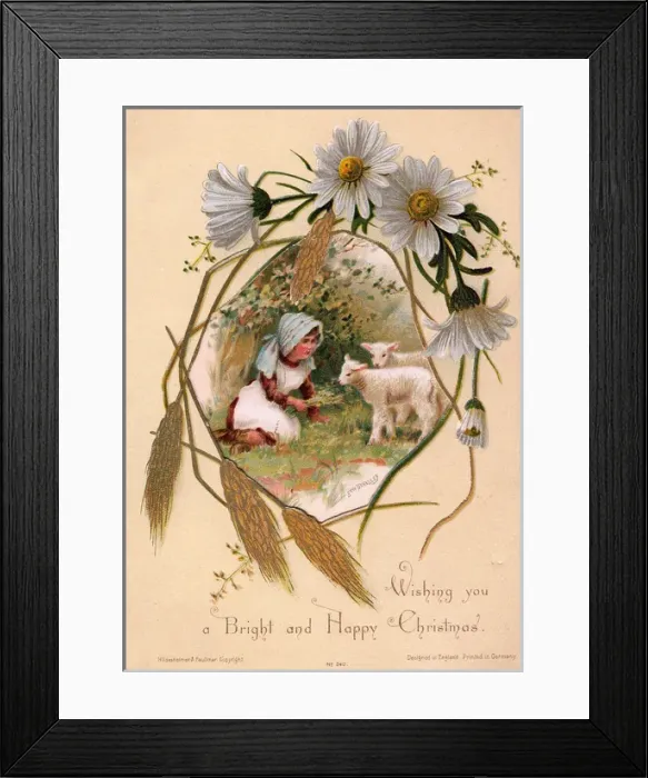 Framed Print : Girl with lambs on a Christmas card Framed Print : Girl with lambs on a Christmas card