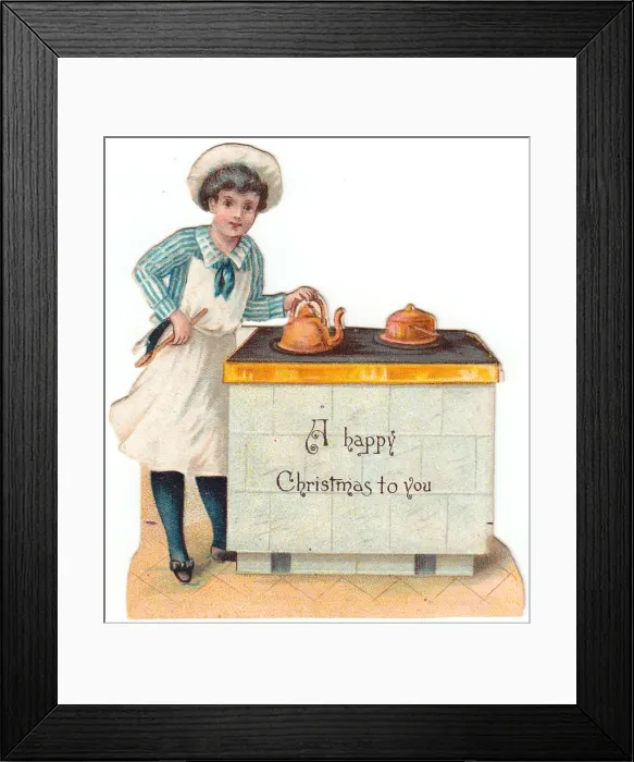 Framed Print : Girl with kettle and saucepan on a Christmas card Framed Print : Girl with kettle and saucepan on a Christmas card