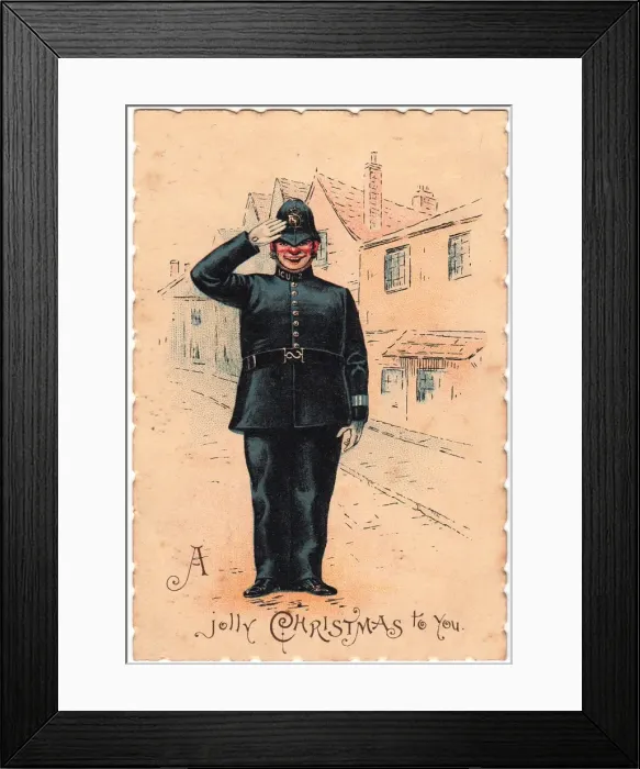 Framed Print : Policeman saluting on a Christmas card Framed Print : Policeman saluting on a Christmas card