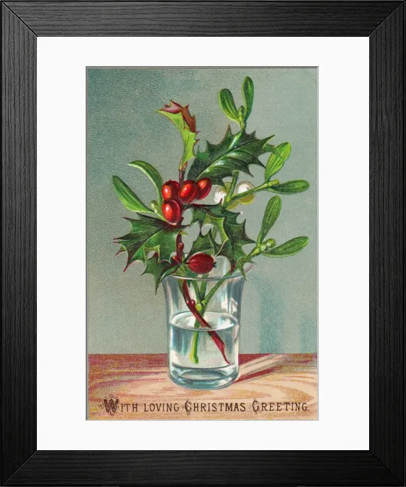 Framed Print : Holly and mistletoe arrangement on a Christmas card Framed Print : Holly and mistletoe arrangement on a Christmas card