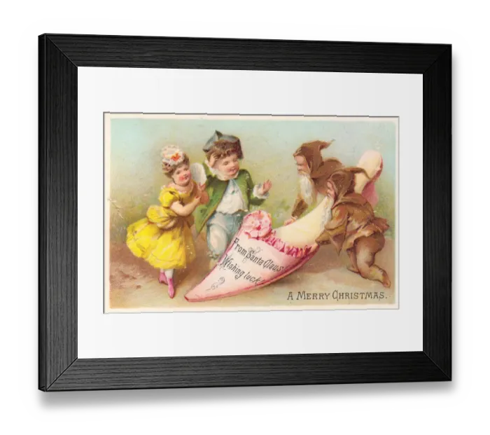Framed Print : Couple receiving lucky slipper on a Christmas card Framed Print : Couple receiving lucky slipper on a Christmas card