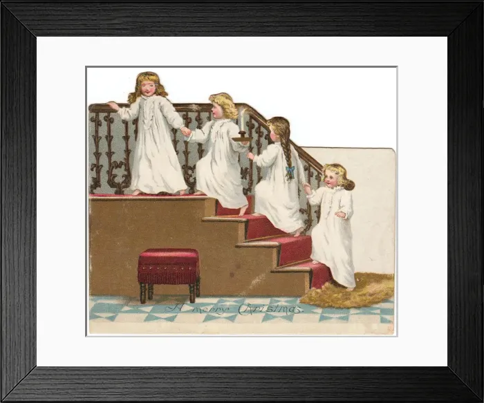 Framed Print : Four little girls in nightdresses on a Christmas card Framed Print : Four little girls in nightdresses on a Christmas card