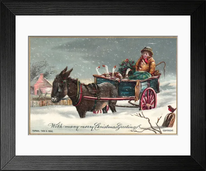 Framed Print : Man transporting six geese on a Christmas card Framed Print : Man transporting six geese on a Christmas card
