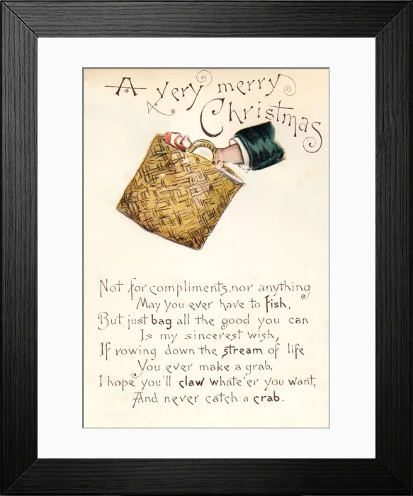 Framed Print : Bag with punning verse on a Christmas card Framed Print : Bag with punning verse on a Christmas card