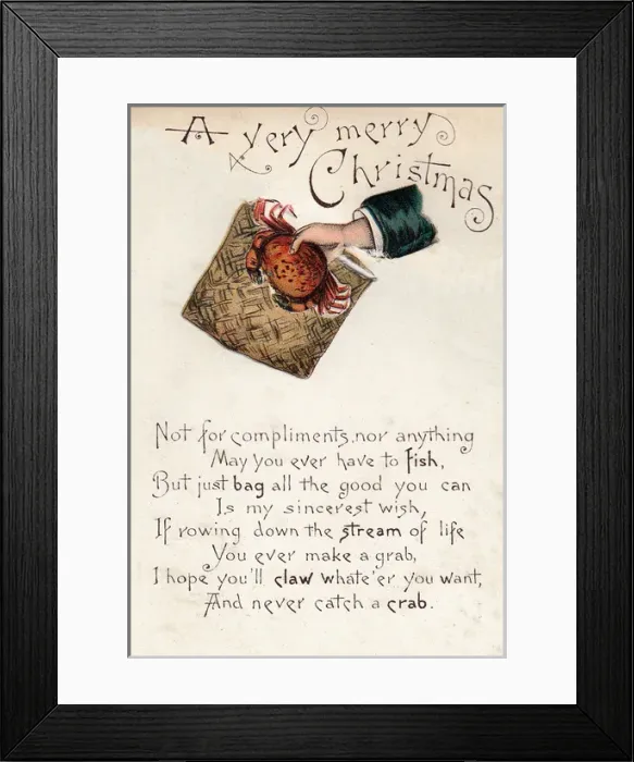 Framed Print : Bag with punning verse on a Christmas card Framed Print : Bag with punning verse on a Christmas card