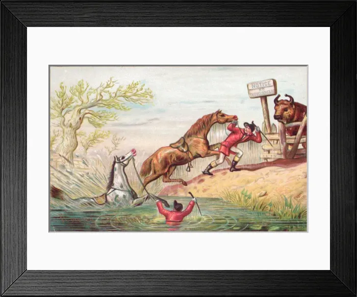 Framed Print : Riders and horses in the water on a Christmas card Framed Print : Riders and horses in the water on a Christmas card
