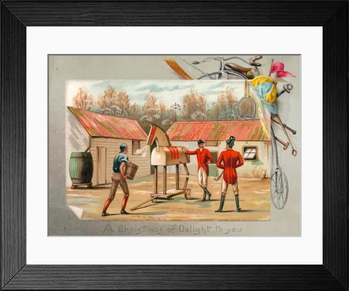Framed Print : Three men with wooden horse on a Christmas card Framed Print : Three men with wooden horse on a Christmas card