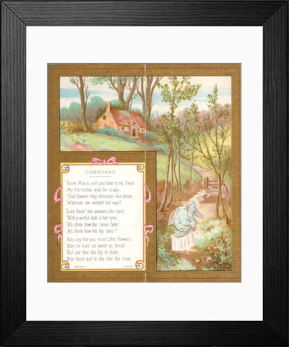 Framed Print : Woman in a garden on a Christmas card Framed Print : Woman in a garden on a Christmas card