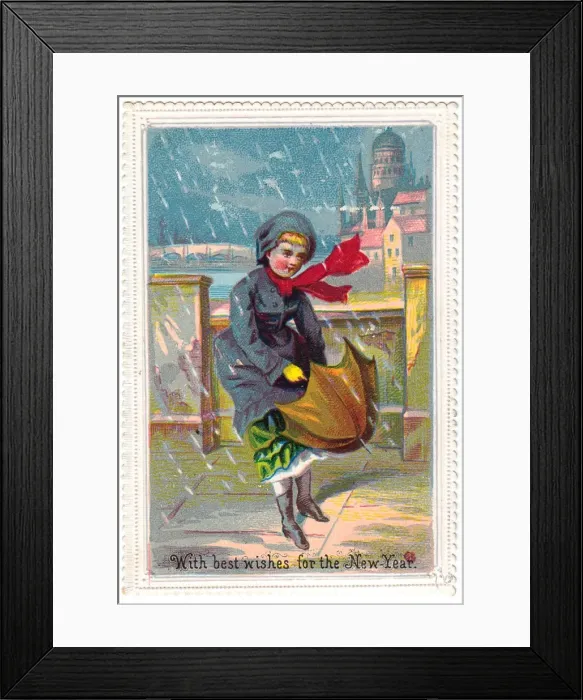 Framed Print : Girl with umbrella in the snow on a New Year card Framed Print : Girl with umbrella in the snow on a New Year card