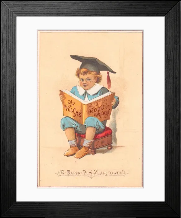 Framed Print : Schoolboy with book on a New Year card Framed Print : Schoolboy with book on a New Year card