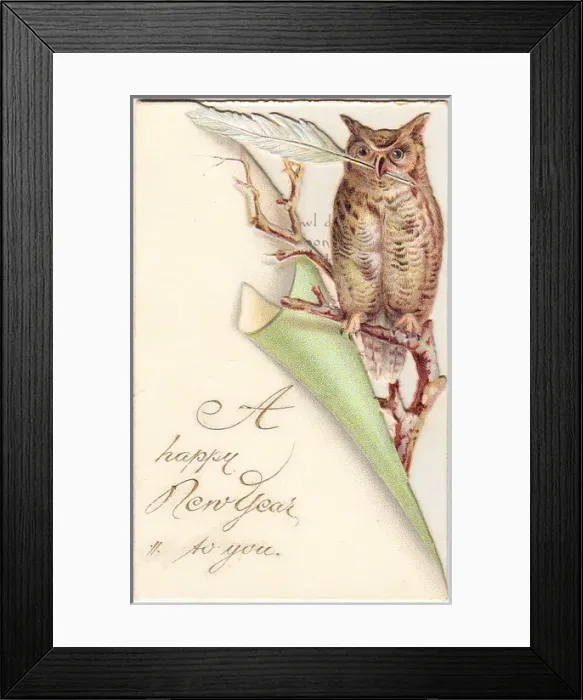 Framed Print : Owl with quill pen on a New Year card Framed Print : Owl with quill pen on a New Year card