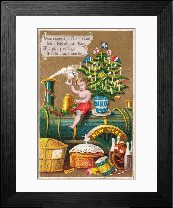 Framed Print : New Year Baby with gifts on a New Year card Framed Print : New Year Baby with gifts on a New Year card