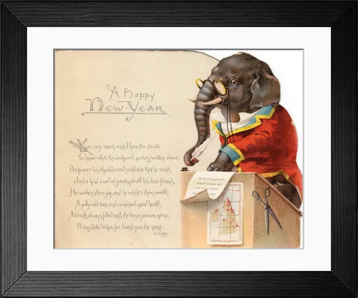 Framed Print : Elephant writing a greeting on a New Year card Framed Print : Elephant writing a greeting on a New Year card