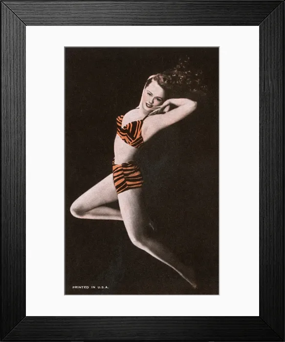 Framed Print : Glamorous American model in tiger-print bikini Framed Print : Glamorous American model in tiger-print bikini