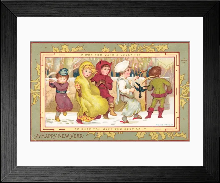 Framed Print : People in medieval costume on a New Year card Framed Print : People in medieval costume on a New Year card