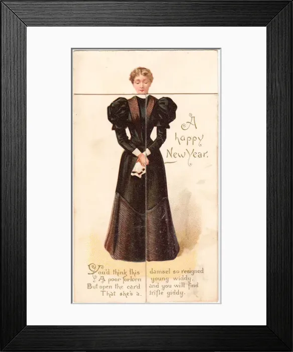 Framed Print : Woman in a black dress on a New Year card Framed Print : Woman in a black dress on a New Year card