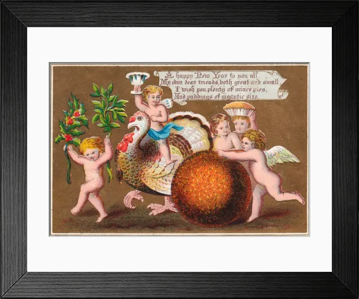Framed Print : Cherubs with turkey and pudding on a New Year card Framed Print : Cherubs with turkey and pudding on a New Year card