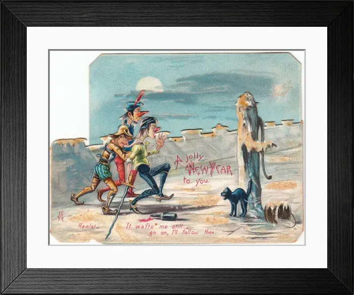 Framed Print : Comic Hamlet scene on a New Year card Framed Print : Comic Hamlet scene on a New Year card