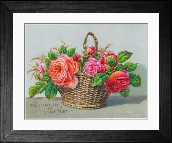 Framed Print : Basket of flowers on a New Year card Framed Print : Basket of flowers on a New Year card