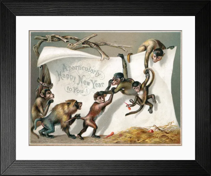 Framed Print : Six monkeys on a New Year card Framed Print : Six monkeys on a New Year card