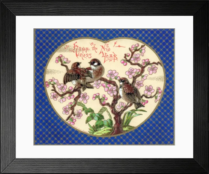 Framed Print : Birds with pink blossom on a New Year card Framed Print : Birds with pink blossom on a New Year card