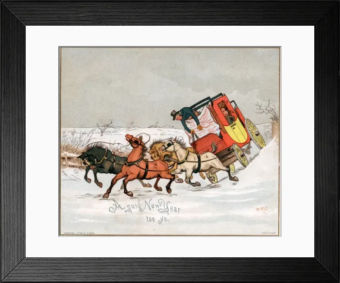 Framed Print : Coach and horses on a New Year card Framed Print : Coach and horses on a New Year card