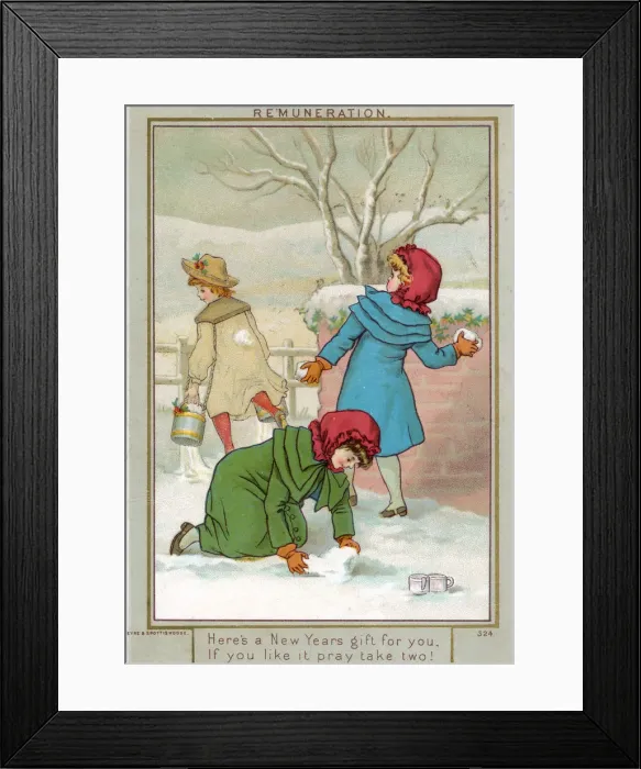 Framed Print : Girls snowballing on a New Year card Framed Print : Girls snowballing on a New Year card
