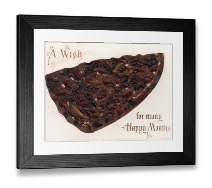 Framed Print : Piece of fruit cake on a Christmas card Framed Print : Piece of fruit cake on a Christmas card