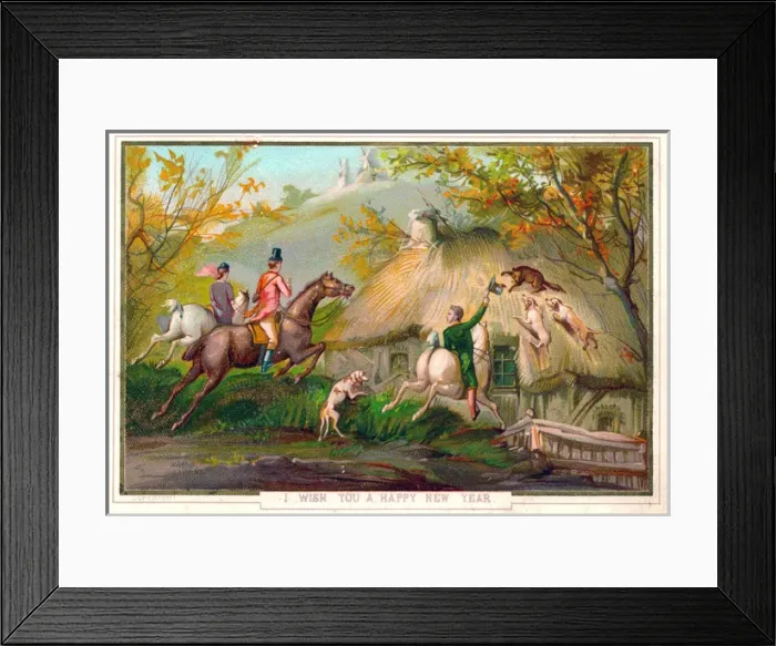 Framed Print : Foxhunting scene on a New Year card Framed Print : Foxhunting scene on a New Year card