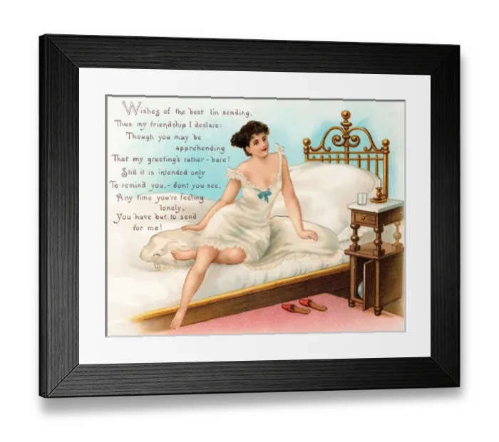 Framed Print : Woman sitting on a bed on a greetings card Framed Print : Woman sitting on a bed on a greetings card