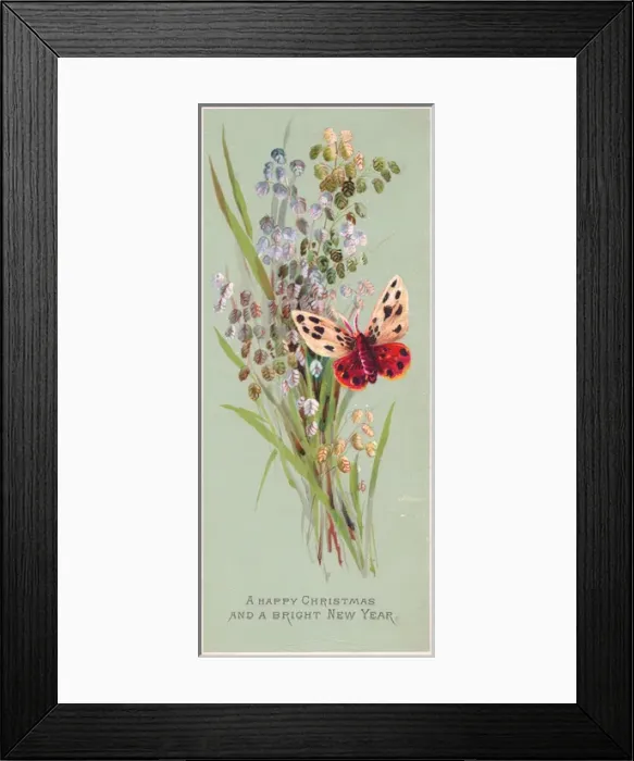 Framed Print : Butterfly and flowers on a Christmas and New Year card Framed Print : Butterfly and flowers on a Christmas and New Year card
