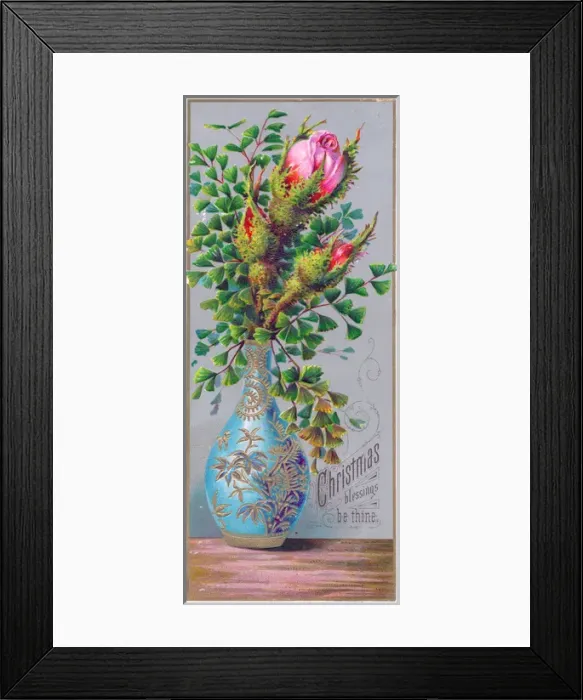 Framed Print : Pink roses in a vase on a Christmas card Framed Print : Pink roses in a vase on a Christmas card