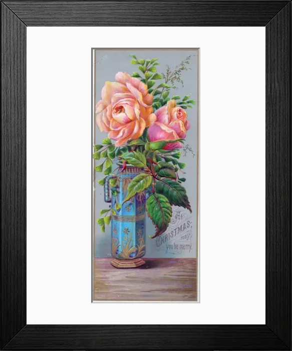 Framed Print : Orange-pink roses in a vase on a Christmas card Framed Print : Orange-pink roses in a vase on a Christmas card