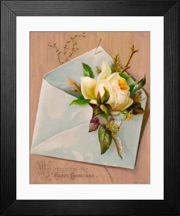 Framed Print : Yellow rose in an envelope on a Christmas card Framed Print : Yellow rose in an envelope on a Christmas card