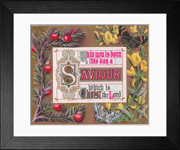 Framed Print : Religious verse with flowers on a Christmas card Framed Print : Religious verse with flowers on a Christmas card