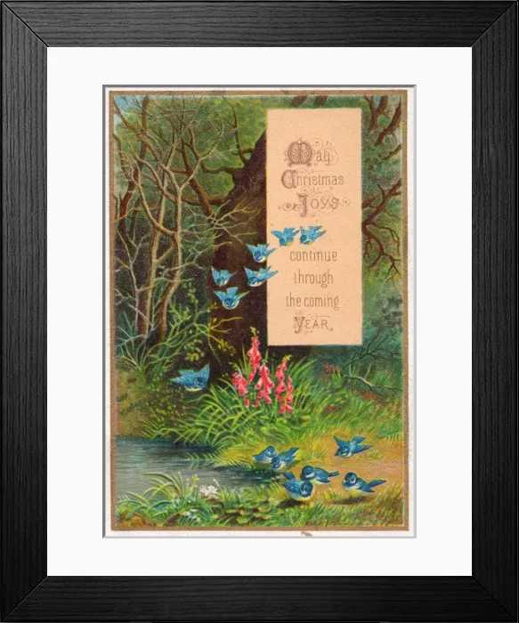 Framed Print : Flock of blue tits in summer scene on a Christmas card Framed Print : Flock of blue tits in summer scene on a Christmas card